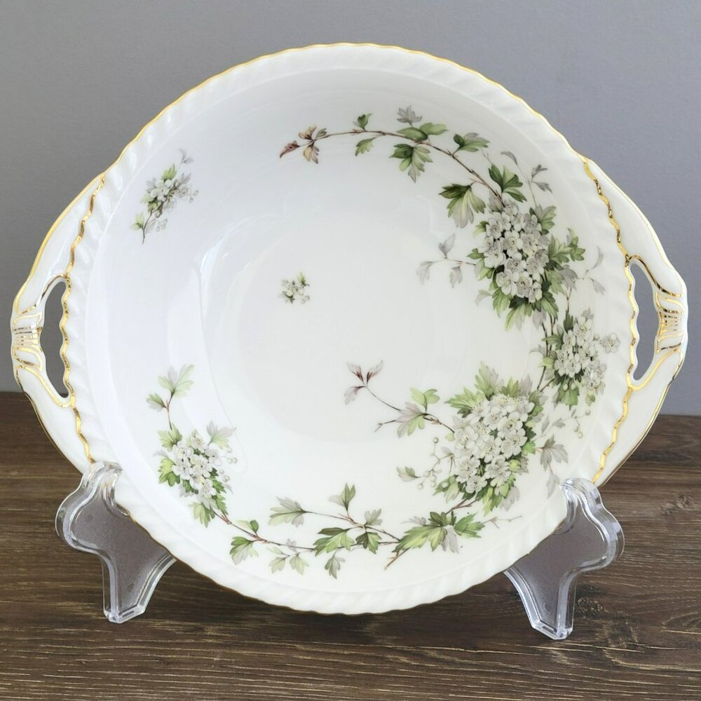 Vintage Franconia Hawthorn Handled Serving Bowl White Flowers & Leaves, Gadroon